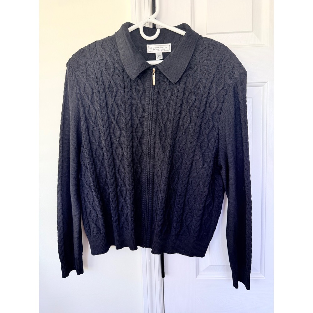 St John Sport Essentials Marie Gray Black Cable Knit Zip Up Polo Cardigan XL